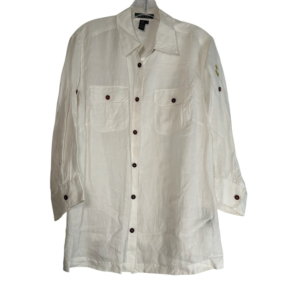 Lauren Ralph Lauren White 100% Linen Anchor Roll Tab Shirt Womens 1X Nautical